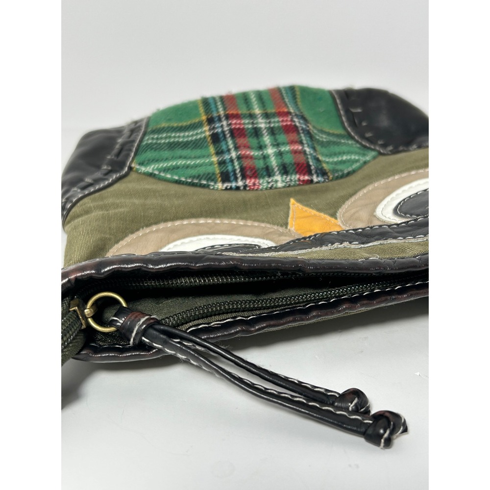 Owl Canvas Plaid Mixed Media Crossbody Bag‎ Olive Green Black Small Messenger - Picture 6 of 7